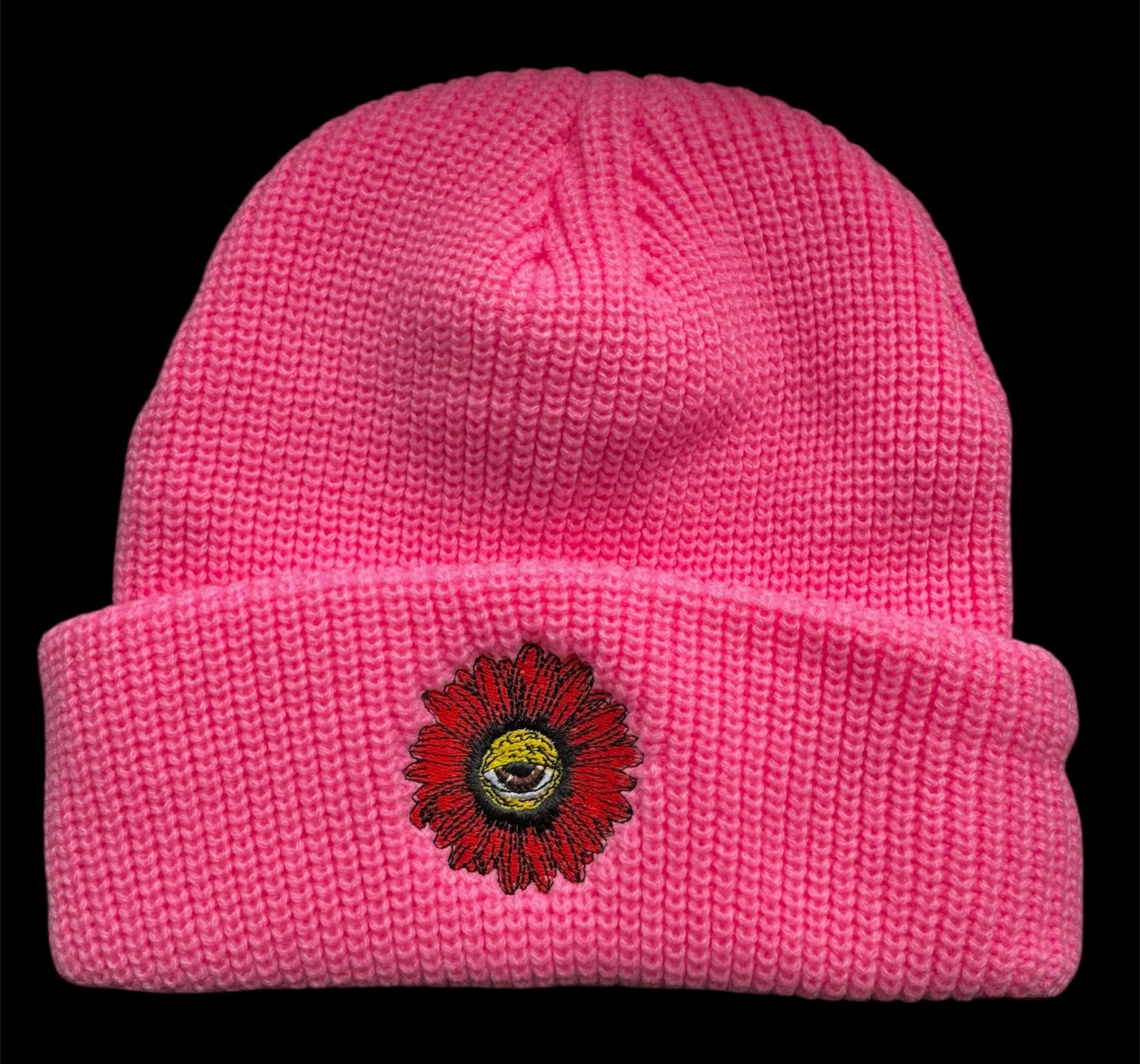 Pink - Red Daisy - Off White Beanie Hat