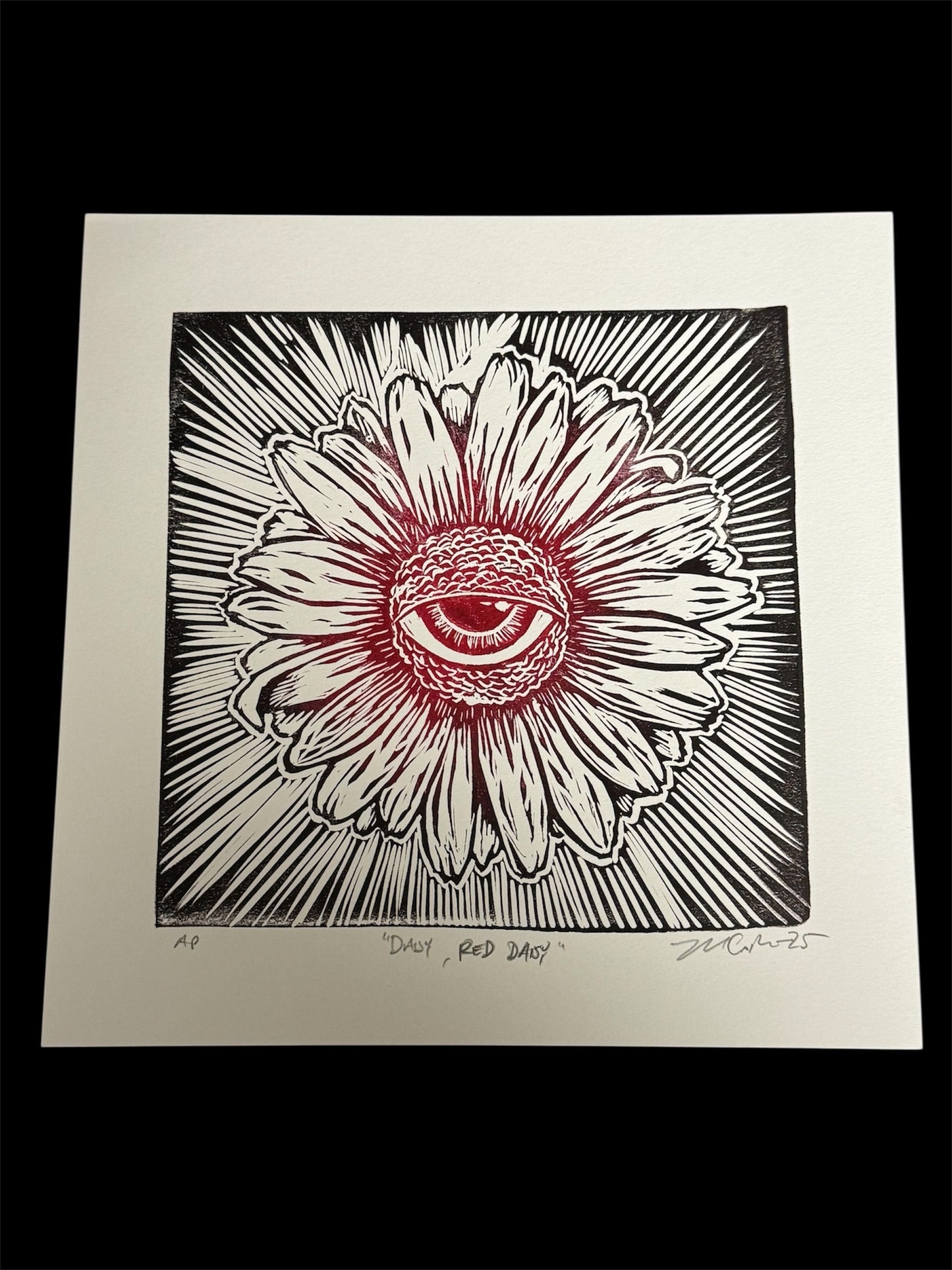Daisy, Red Daisy- Linocut print with red to black fade